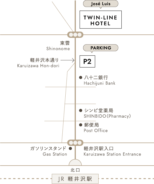 第二駐車場の案内図：JR軽井沢駅北口から出て軽井沢本通りの八十二銀行近く